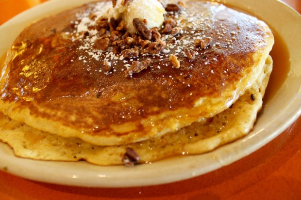 Sweet Potato Pancakes with Maple Syrup and Candied Pecans. YUM.