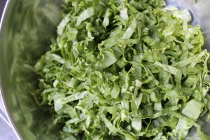 Thinly slice greenleaf lettuce and lightly dress with EVOO, lemon juice and a spritz of salt.