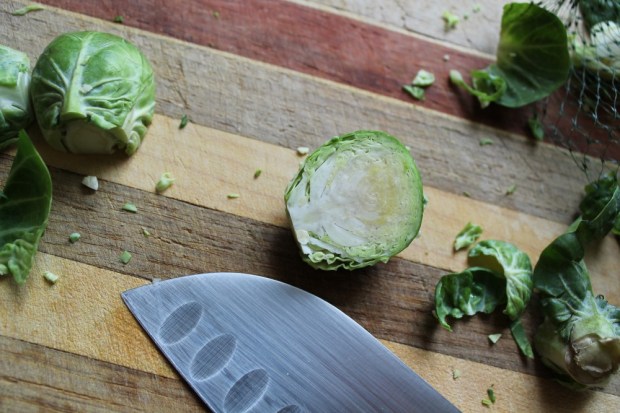 Slice brussels sprouts in half lengthwise. Then slice each half crosswise into very thin strips. A bit tedious. Good knife work required!